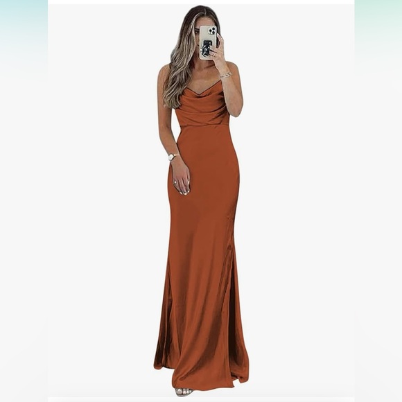 Burnt Orange Bridesmaid Satin Long Dress - Picture 1 of 3
